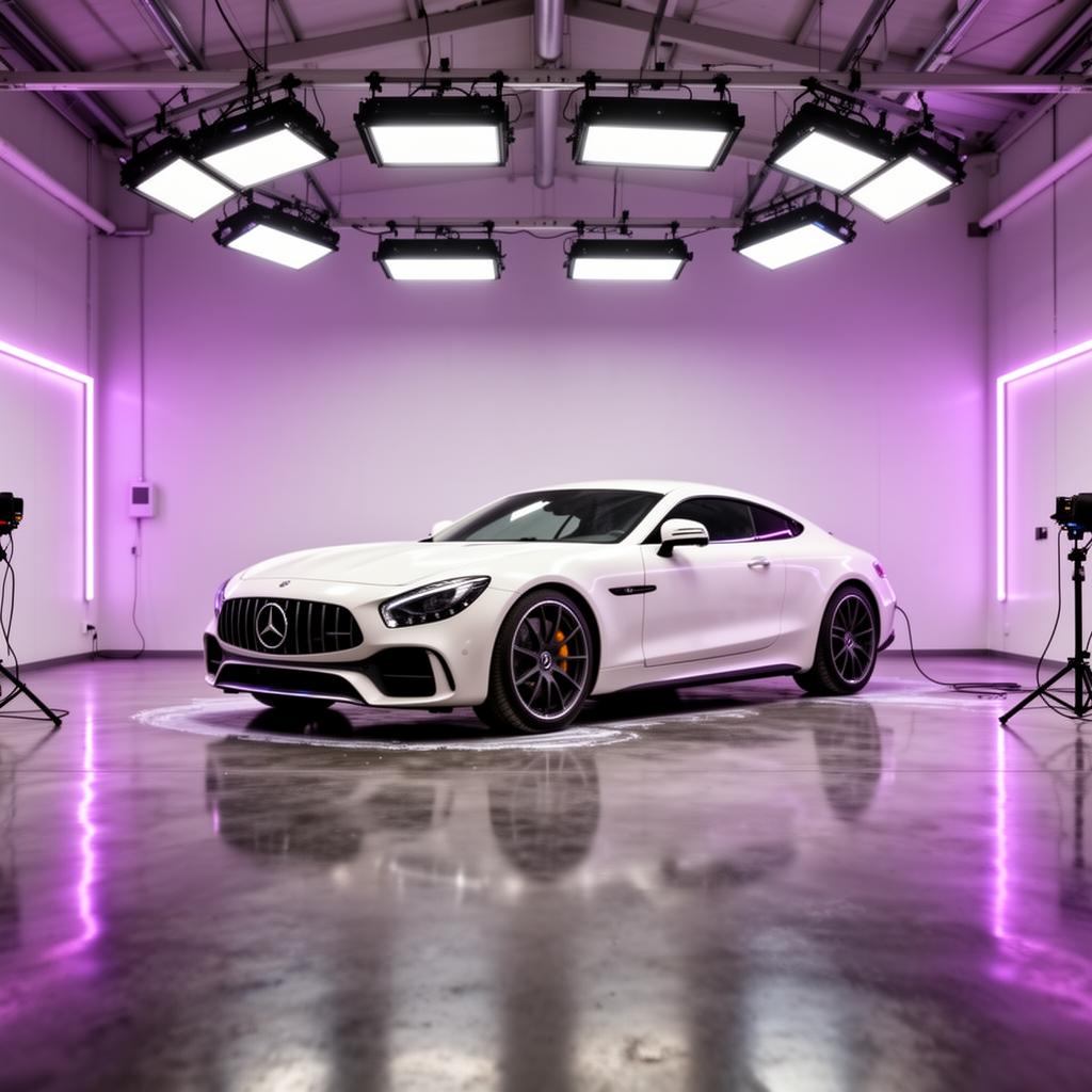 Studio MyiCAR com iluminação técnica violeta